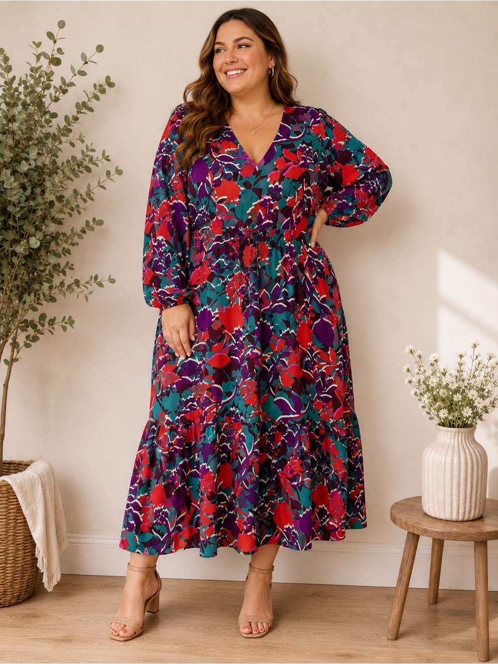 Bar III 2X Floral V-Neck Tie Waist Midi Dress NWT  Lined